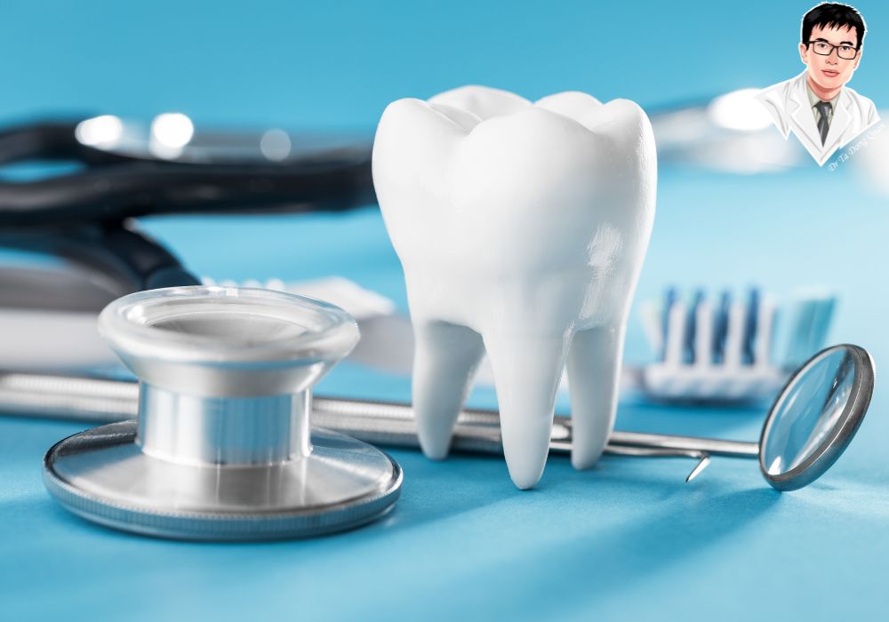 Mô hình răng giả kết hợp các dụng cụ hỗ trợ trong quy trình cấy ghép implant hiện đại.