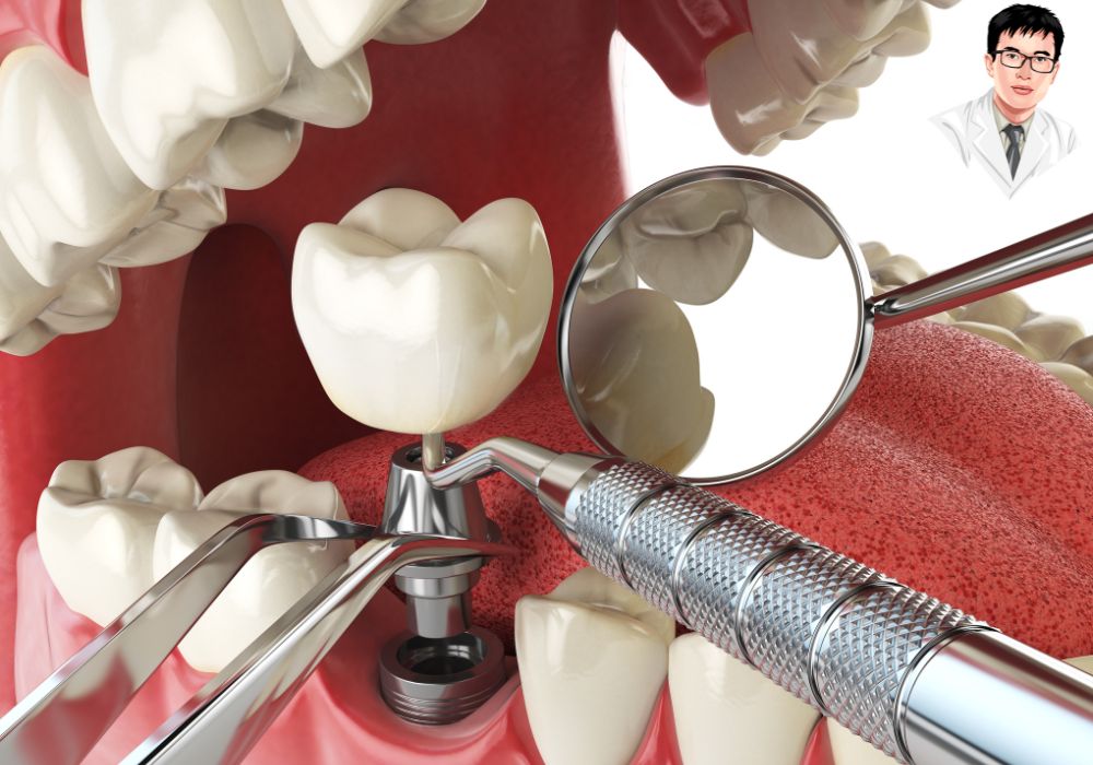 Cấu trúc implant răng chắc chắn, giúp tái tạo chân răng tự nhiên hiệu quả. Mô hình 3D thể hiện trụ implant răng bên trong xương hàm với phần răng thật bên cạnh.